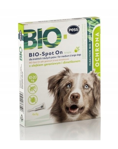 PESS BIO Spot-on picaturi protectie anti-capuse, purici pentru caini medii/marii 4x2 g cu ulei de muscata si dimeticona PESS BIO Spot-on picaturi protectie anti-capuse, purici pentru caini medii/marii 4x2 g cu ulei de muscata si dimeticona