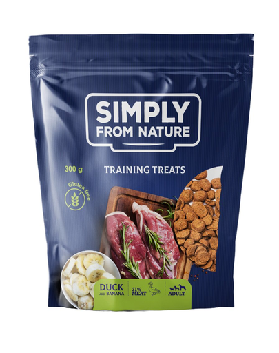 SIMPLY FROM NATURE Recompense pentru dresajul cainilor, rata si banane 300 g SIMPLY FROM NATURE Recompense pentru dresajul cainilor, rata si banane 300 g