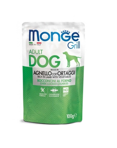 MONGE Grill hrana umeda pentru caini adulti, bucati de miel si legume 100g MONGE Grill hrana umeda pentru caini adulti, bucati de miel si legume 100g