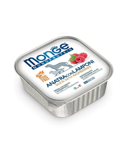 MONGE Fruit Dog Monoprotein hrană umedă pentru câini, cu rață și zmeură 150 g MONGE Fruit Dog Monoprotein hrană umedă pentru câini, cu rață și zmeură 150 g