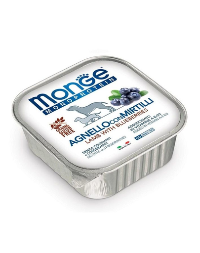 MONGE Fruit Dog Monoprotein hrană umedă pentru câini, cu miel și afine 150 g MONGE Fruit Dog Monoprotein hrană umedă pentru câini, cu miel și afine 150 g