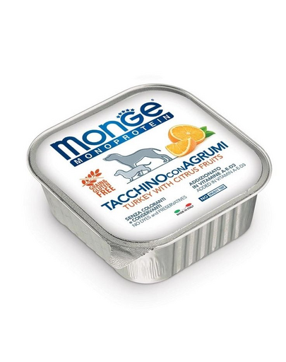 MONGE Fruit Dog Monoprotein hrană umedă pentru câini, curcan și portocale 150 g MONGE Fruit Dog Monoprotein hrană umedă pentru câini, curcan și portocale 150 g