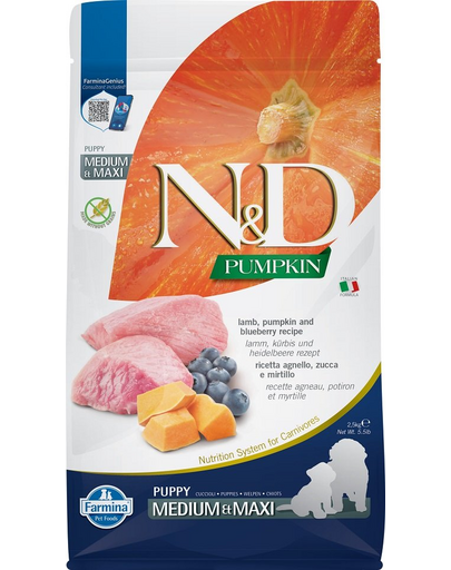 FARMINA N&D GF Puppy Medium&Maxi Pumpkin Lamb&Blueberry hrana uscata caini juniori talie medie/mare, cu dovleac, miel si afine 2,5 kg FARMINA N&D GF Puppy Medium&Maxi Pumpkin Lamb&Blueberry hrana uscata caini juniori talie medie/mare, cu dovleac, miel si afine 2,5 kg