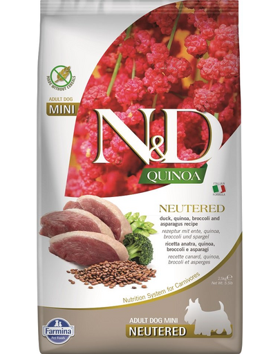 FARMINA N&D Quinoa Hrana pentru caini sterilizati de talie mica, cu rata, broccoli si sparanghel 2,5 kg FARMINA N&D Quinoa Hrana pentru caini sterilizati de talie mica, cu rata, broccoli si sparanghel 2,5 kg