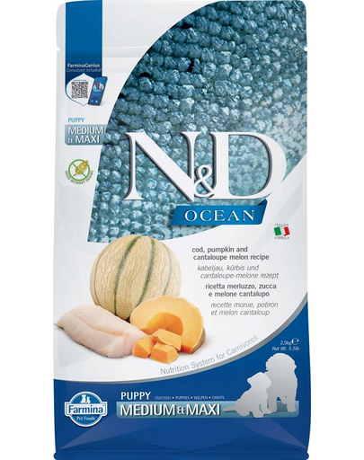 FARMINA N&D Ocean Hrana uscata catei talie medie sau mare, cu cod, dovleac si pepene galben - 2,5 kg FARMINA N&D Ocean Hrana uscata catei talie medie sau mare, cu cod, dovleac si pepene galben - 2,5 kg