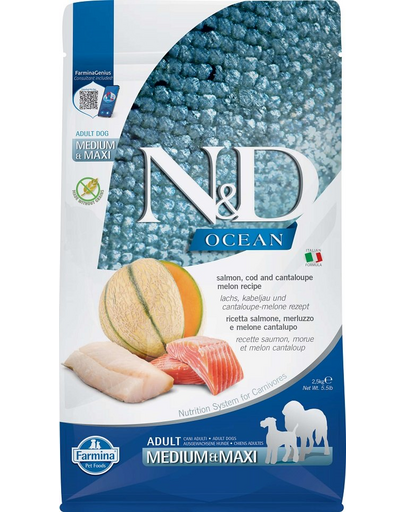FARMINA N&D Ocean Hrana pentru caini adulti de talie medie si mare, cu peste, dovleac si pepene galben 2,5 kg FARMINA N&D Ocean Hrana pentru caini adulti de talie medie si mare, cu peste, dovleac si pepene galben 2,5 kg
