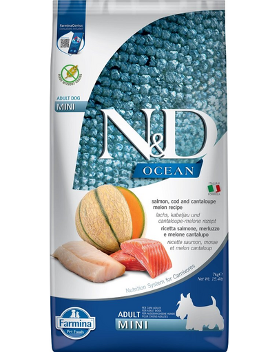 FARMINA N&D Ocean - Hrană pentru câini adulți de talie mică - somon, cod și pepene galben - 7 kg FARMINA N&D Ocean - Hrană pentru câini adulți de talie mică - somon, cod și pepene galben - 7 kg