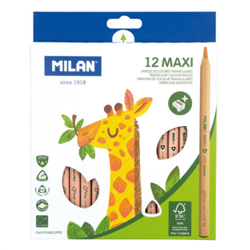 Set 12 Creioane Colorate Milan Maxi, Cu Ascutitoare, Corp Hexagonal Set 12 Creioane Colorate Milan Maxi, Cu Ascutitoare, Corp Hexagonal