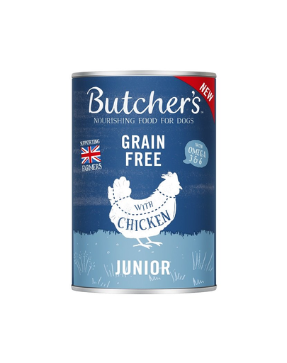 BUTCHER'S Original Junior hrana caini juniori, bucati de pui in jeleu, conserva 400g BUTCHER'S Original Junior hrana caini juniori, bucati de pui in jeleu, conserva 400g