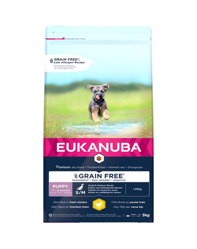 EUKANUBA Puppy Grain Free pentru talie mica/medie S/M 3 kg hrana pentru catelusi EUKANUBA Puppy Grain Free pentru talie mica/medie S/M 3 kg hrana pentru catelusi