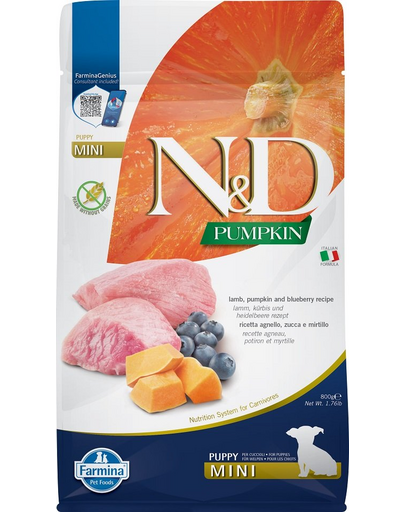 FARMINA N&D GF Pumpkin Puppy Mini - Hrană uscată pentru cățeluși cu miel și afine 800 g FARMINA N&D GF Pumpkin Puppy Mini - Hrană uscată pentru cățeluși cu miel și afine 800 g
