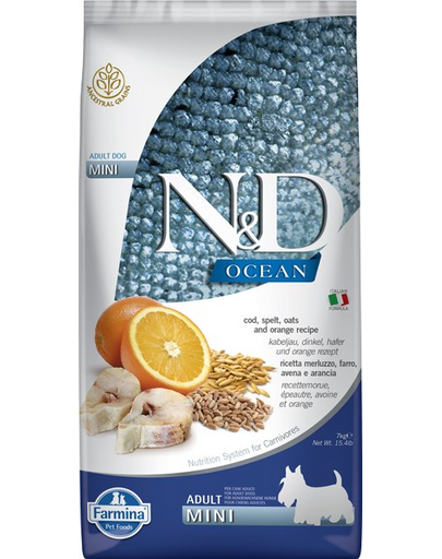 FARMINA N&D Ocean Adult Mini, Hrana uscata pentru caini de talie mica, cu cod, grau, ovaz, portocale 2,5 kg FARMINA N&D Ocean Adult Mini, Hrana uscata pentru caini de talie mica, cu cod, grau, ovaz, portocale 2,5 kg