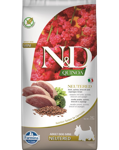 FARMINA N&D Quinoa Hrana pentru caini sterilizati sau castrati de talie mica, cu rata, broccoli si sparanghel 7 kg FARMINA N&D Quinoa Hrana pentru caini sterilizati sau castrati de talie mica, cu rata, broccoli si sparanghel 7 kg