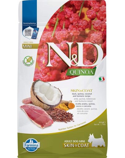 FARMINA N&D Quinoa Mini Skin&Coat hrana caini talie mica 800g rata si nuca de cocos FARMINA N&D Quinoa Mini Skin&Coat hrana caini talie mica 800g rata si nuca de cocos