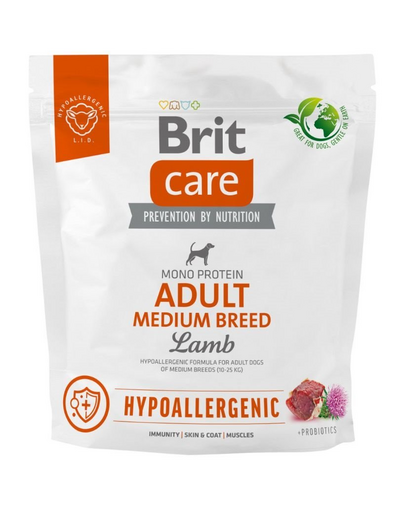 BRIT Care Hypoallergenic Adult Medium Breed 1 kg Hrana uscata pentru caini talie medie, cu miel si orez BRIT Care Hypoallergenic Adult Medium Breed 1 kg Hrana uscata pentru caini talie medie, cu miel si orez