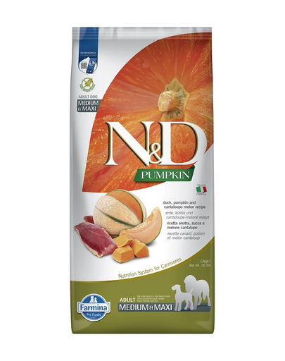 FARMINA N&D Pumpkin Duck & Cantaloupe Adult Medium & Maxi Hrana caini talie medie si mare, cu rata 12 kg FARMINA N&D Pumpkin Duck & Cantaloupe Adult Medium & Maxi Hrana caini talie medie si mare, cu rata 12 kg