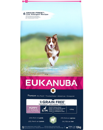 EUKANUBA Grain Free S/M Puppy 12 kg sac hrana ceti taie mica si medie, cu miel EUKANUBA Grain Free S/M Puppy 12 kg sac hrana ceti taie mica si medie, cu miel