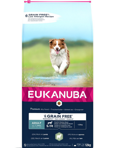 EUKANUBA Grain Free S/M Adult 12 kg Hrana caini talie mica si medie, cu miel EUKANUBA Grain Free S/M Adult 12 kg Hrana caini talie mica si medie, cu miel
