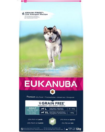 EUKANUBA Grain Free L Adult 12 kg Sac hrana pentru caine de talie mare, cu miel EUKANUBA Grain Free L Adult 12 kg Sac hrana pentru caine de talie mare, cu miel