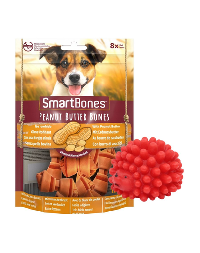 SMART BONES Mini Recompense caini talie mica, cu unt de arahide si pui x 2 + minge GRATIS SMART BONES Mini Recompense caini talie mica, cu unt de arahide si pui x 2 + minge GRATIS