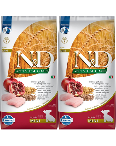 FARMINA N&D Low Grain Chicken & Pomegranate Mini Puppy 2 x 7 kg hrana uscata caini juniori talie mica, pui si rodie FARMINA N&D Low Grain Chicken & Pomegranate Mini Puppy 2 x 7 kg hrana uscata caini juniori talie mica, pui si rodie