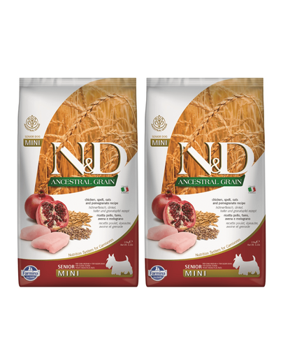 FARMINA N&D Ancestral Grain Dog Chicken, Spelt, Oats and Pomegranate Senior Mini 2 x 2.5 kg hrana caini senior talie mica, cu pui si ovaz FARMINA N&D Ancestral Grain Dog Chicken, Spelt, Oats and Pomegranate Senior Mini 2 x 2.5 kg hrana caini senior talie mica, cu pui si ovaz