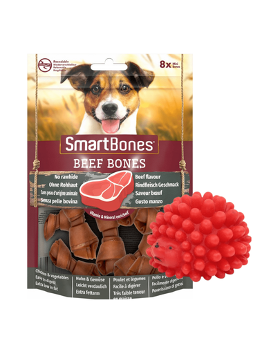 SMART BONES Mini recompense caini talie mica, cu vita x 2 + minge GRATIS SMART BONES Mini recompense caini talie mica, cu vita x 2 + minge GRATIS