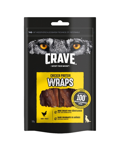CRAVE Wraps Pui 10x50g Recompensa caini adulti, proteica fara cereale CRAVE Wraps Pui 10x50g Recompensa caini adulti, proteica fara cereale