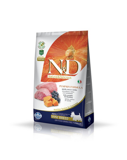 FARMINA N&D Pumpkin Lamb&Blueberry Adult Mini 14 kg (2 x 7 kg) hrana caini talie mica, miel, dovleac si afine FARMINA N&D Pumpkin Lamb&Blueberry Adult Mini 14 kg (2 x 7 kg) hrana caini talie mica, miel, dovleac si afine