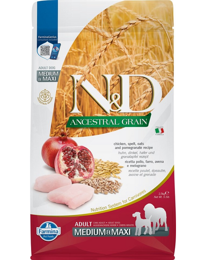 FARMINA N&D Ancestral Grain dog Adult Medium & Maxi Chicken & pomegranate Hrana uscata pentru caini de talie medie si mare, cu rodie si pui 2,5 kg FARMINA N&D Ancestral Grain dog Adult Medium & Maxi Chicken & pomegranate Hrana uscata pentru caini de talie medie si mare, cu rodie si pui 2,5 kg