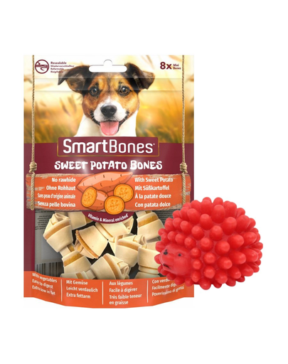SMART BONES Mini Recompense caini talie mica, cu cartofi dulci x 2 + minge GRATIS SMART BONES Mini Recompense caini talie mica, cu cartofi dulci x 2 + minge GRATIS