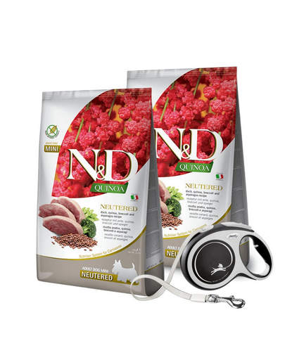 FARMINA N&D Quinoa Neutere Adult Mini duck, broccoli & asparagus 2 x 7 kg hrana caini dupa castrare + FLEXI New Comfort L Tape 8 m GRATIS FARMINA N&D Quinoa Neutere Adult Mini duck, broccoli & asparagus 2 x 7 kg hrana caini dupa castrare + FLEXI New Comfort L Tape 8 m GRATIS