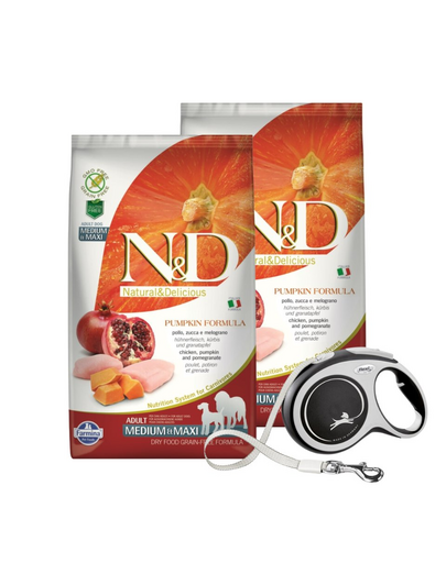 FARMINA N&D Pumpkin Chicken & Pomegranate Adult Medium & Maxi 2 x 12 kg + FLEXI New Comfort L Tape 8 m GRATIS FARMINA N&D Pumpkin Chicken & Pomegranate Adult Medium & Maxi 2 x 12 kg + FLEXI New Comfort L Tape 8 m GRATIS