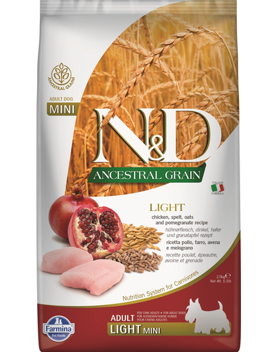 FARMINA N&D Ancestral Grain Ancestral Dog light chicken & pomegranate Hrana caini talie mica, cu pui si rodie 2,5 kg FARMINA N&D Ancestral Grain Ancestral Dog light chicken & pomegranate Hrana caini talie mica, cu pui si rodie 2,5 kg