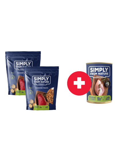 SIMPLY FROM NATURE Recompensa caine, vanilie si strut 2 x 300g + conserva fazan si morcov GRATIS SIMPLY FROM NATURE Recompensa caine, vanilie si strut 2 x 300g + conserva fazan si morcov GRATIS