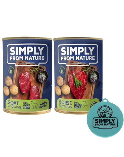 SIMPLY FROM NATURE Mix hrana caine, capra cu cartofi + cal cu cartofi 400 g x 12 buc + capac pentru conserve SIMPLY FROM NATURE Mix hrana caine, capra cu cartofi + cal cu cartofi 400 g x 12 buc + capac pentru conserve