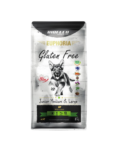 BIOFEED EUPHORIA Gluten Free hrana caini juniori talii mari si medii 2 kg cu miel BIOFEED EUPHORIA Gluten Free hrana caini juniori talii mari si medii 2 kg cu miel