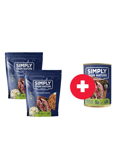 SIMPLY FROM NATURE Przysmaki treningowe z mięsem kaczki i bananami 2 x 300g + puszka Kaczka z marchewką GRATIS SIMPLY FROM NATURE Przysmaki treningowe z mięsem kaczki i bananami 2 x 300g + puszka Kaczka z marchewką GRATIS
