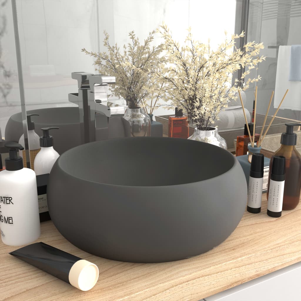 vidaXL Chiuvetă baie lux, gri închis mat, 40x15 cm, ceramică, rotund vidaXL Chiuvetă baie lux, gri închis mat, 40x15 cm, ceramică, rotund