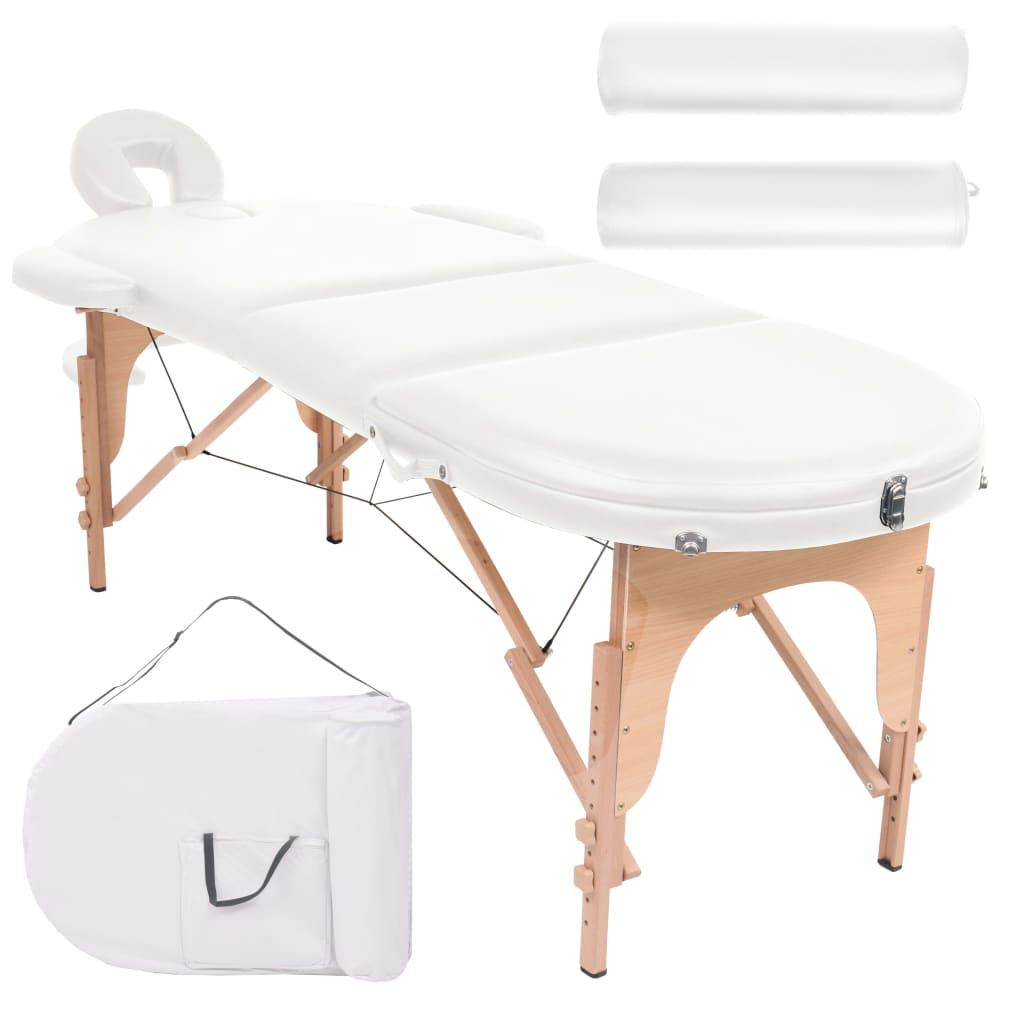 vidaXL Masă de masaj pliabilă, 4 cm grosime, cu 2 perne, alb, ovală vidaXL Masă de masaj pliabilă, 4 cm grosime, cu 2 perne, alb, ovală