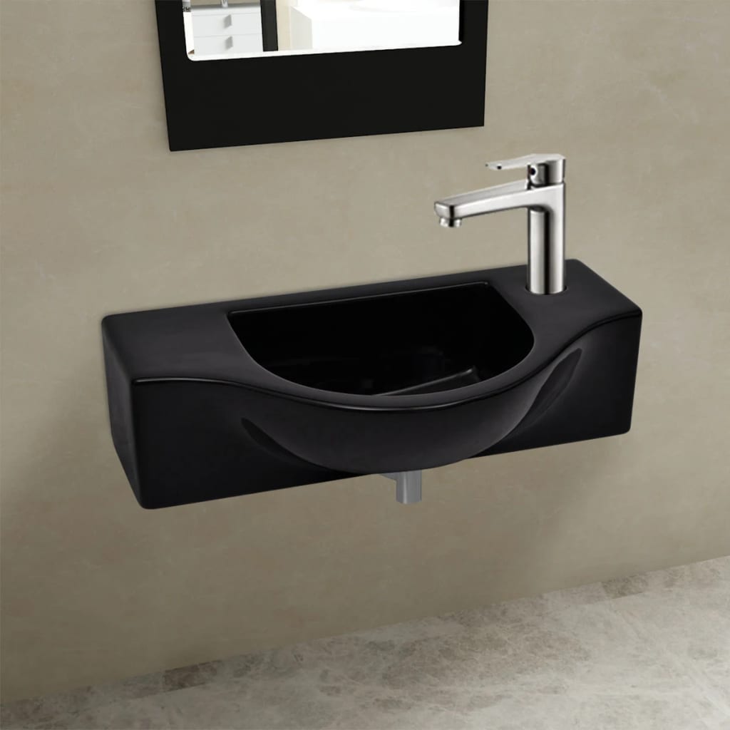 Chiuvetă de baie din ceramică, gaură pentru robinet și preaplin, negru Chiuvetă de baie din ceramică, gaură pentru robinet și preaplin, negru
