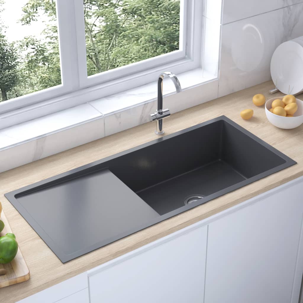 vidaXL Chiuvetă de bucătărie lucrată manual, negru, oțel inoxidabil vidaXL Chiuvetă de bucătărie lucrată manual, negru, oțel inoxidabil