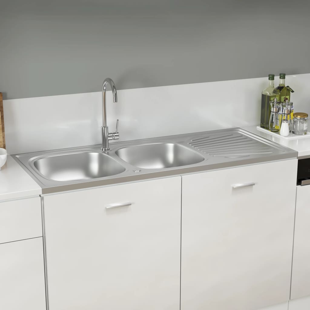 vidaXL Chiuvetă bucătărie cu 2 cuve, argintiu, 1200x600x155 mm, oțel vidaXL Chiuvetă bucătărie cu 2 cuve, argintiu, 1200x600x155 mm, oțel