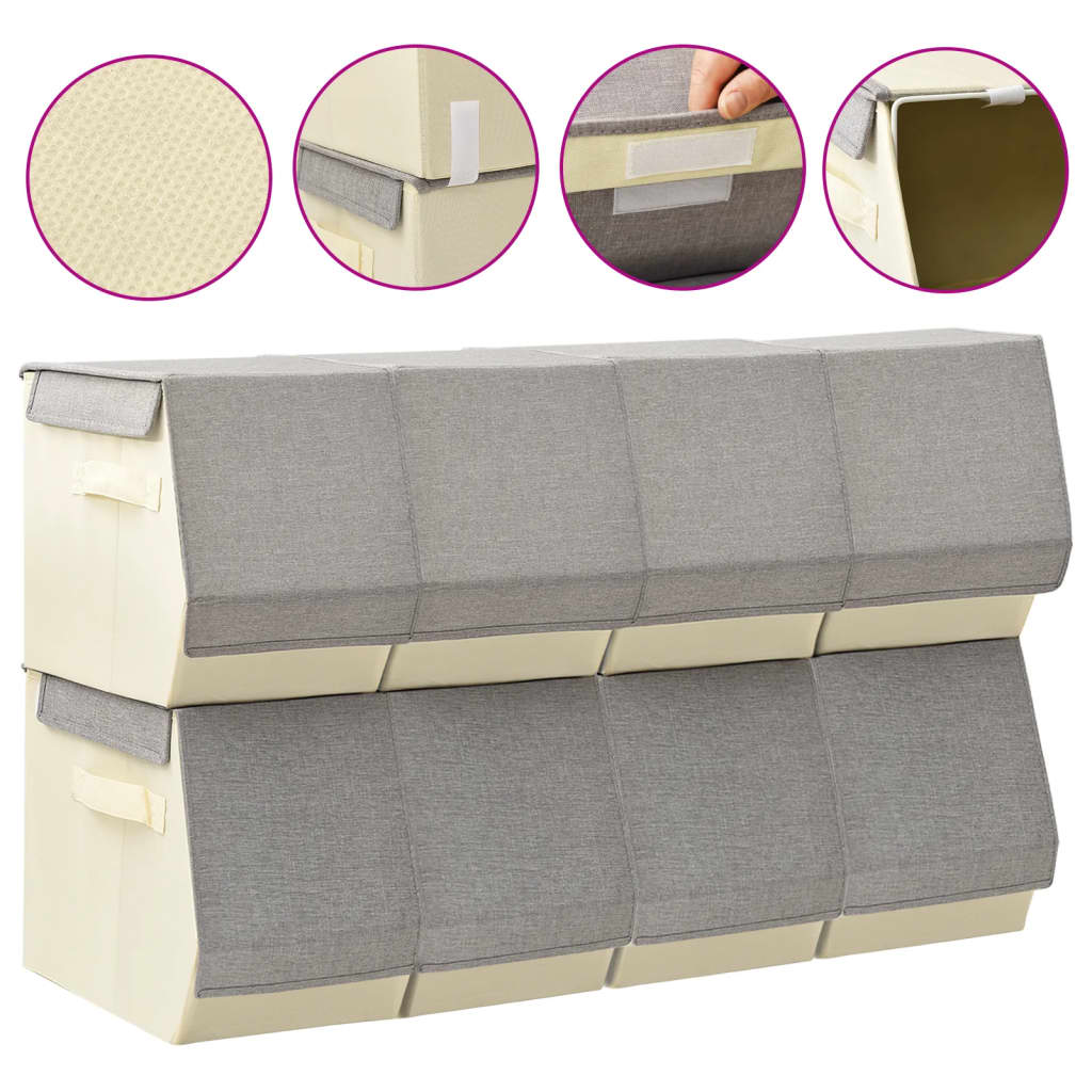 vidaXL Set cutii depozitare stivuibile capac 8 buc., gri&crem, textil vidaXL Set cutii depozitare stivuibile capac 8 buc., gri&crem, textil