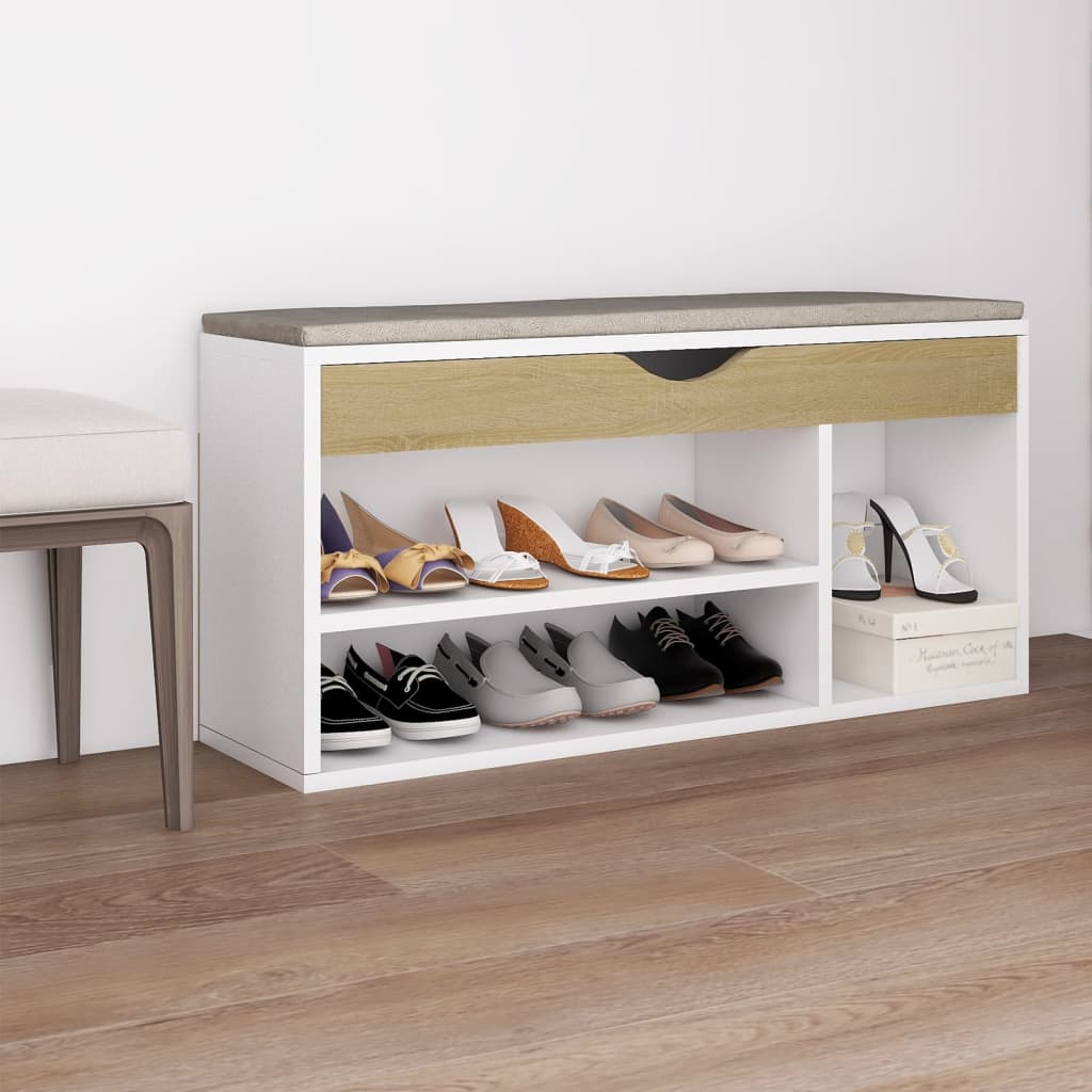 vidaXL Pantofar, pernă, alb/stejar sonoma, 104x30x49 cm lemn prelucrat vidaXL Pantofar, pernă, alb/stejar sonoma, 104x30x49 cm lemn prelucrat