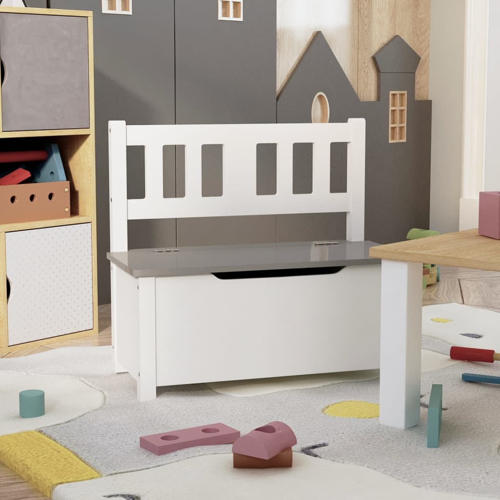 vidaXL Bancă de depozitare pentru copii, alb/gri, 60x30x55 cm, MDF vidaXL Bancă de depozitare pentru copii, alb/gri, 60x30x55 cm, MDF