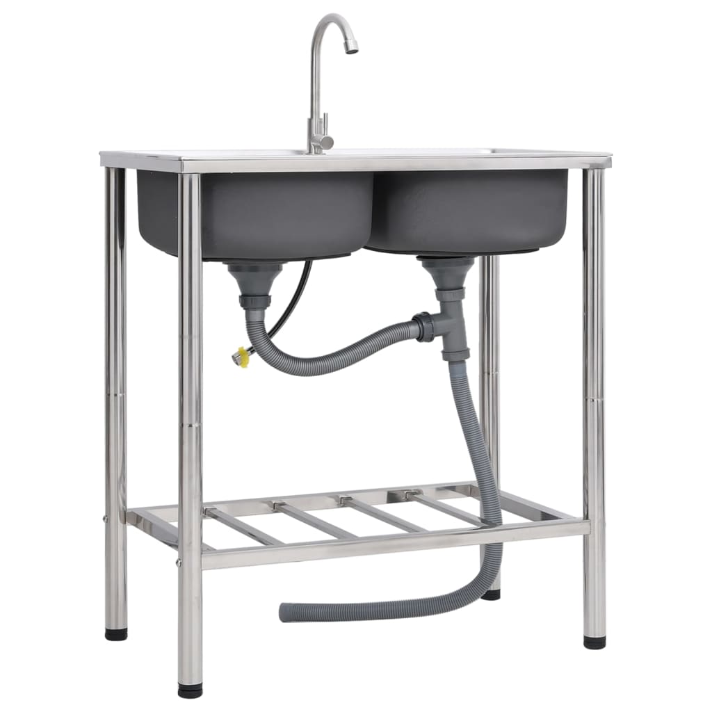 vidaXL Chiuvetă de camping, cuvă dublă, cu robinet, oțel inoxidabil vidaXL Chiuvetă de camping, cuvă dublă, cu robinet, oțel inoxidabil