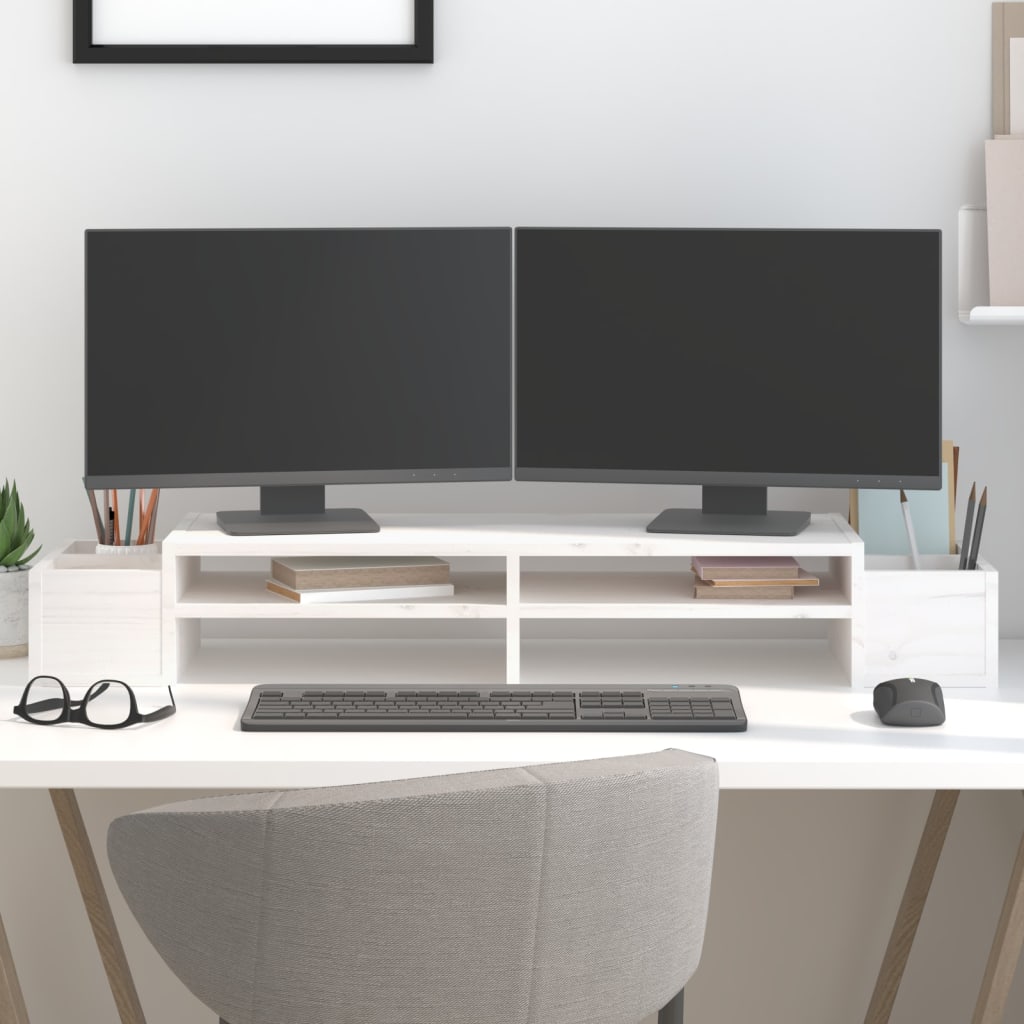 vidaXL Suport pentru monitor, alb, 100x27,5x15 cm, lemn masiv pin vidaXL Suport pentru monitor, alb, 100x27,5x15 cm, lemn masiv pin