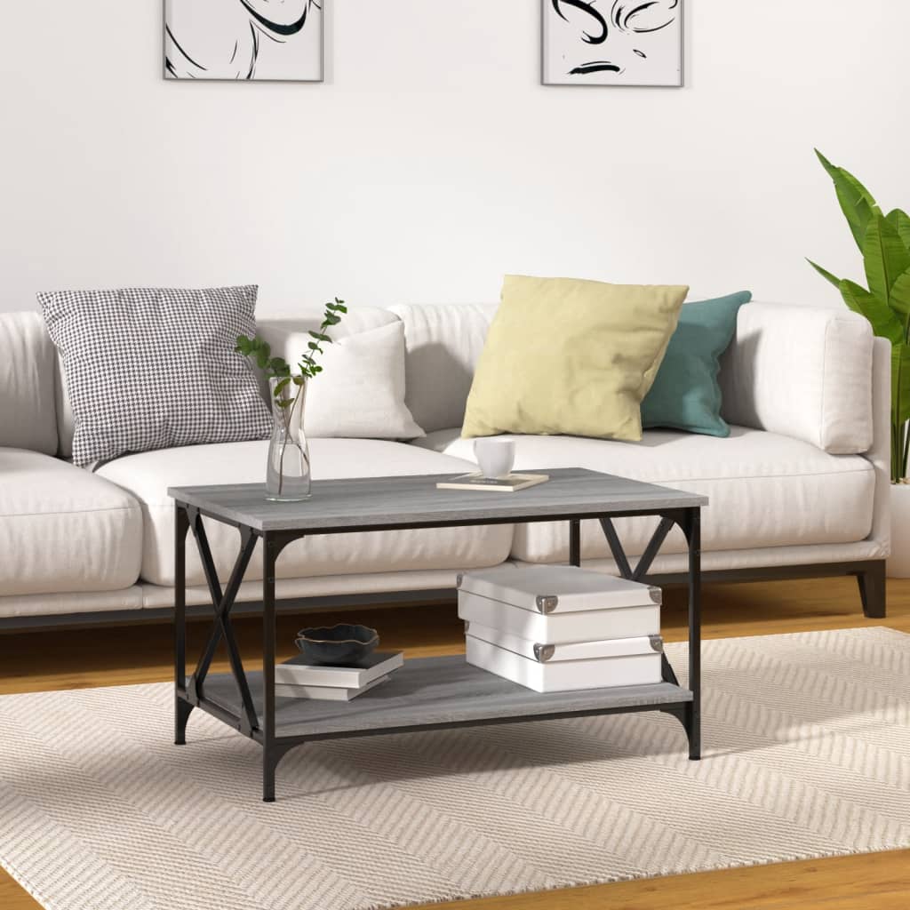 vidaXL Măsuță cafea, gri sonoma, 80x50x45 cm lemn prelucrat și fier vidaXL Măsuță cafea, gri sonoma, 80x50x45 cm lemn prelucrat și fier