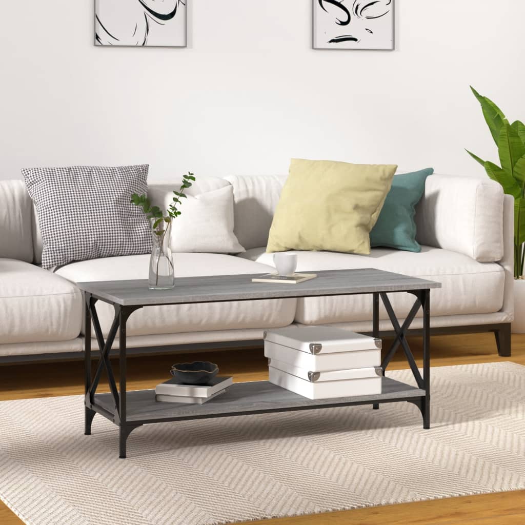 vidaXL Măsuță cafea, gri sonoma, 100x45x45 cm, lemn prelucrat și fier vidaXL Măsuță cafea, gri sonoma, 100x45x45 cm, lemn prelucrat și fier